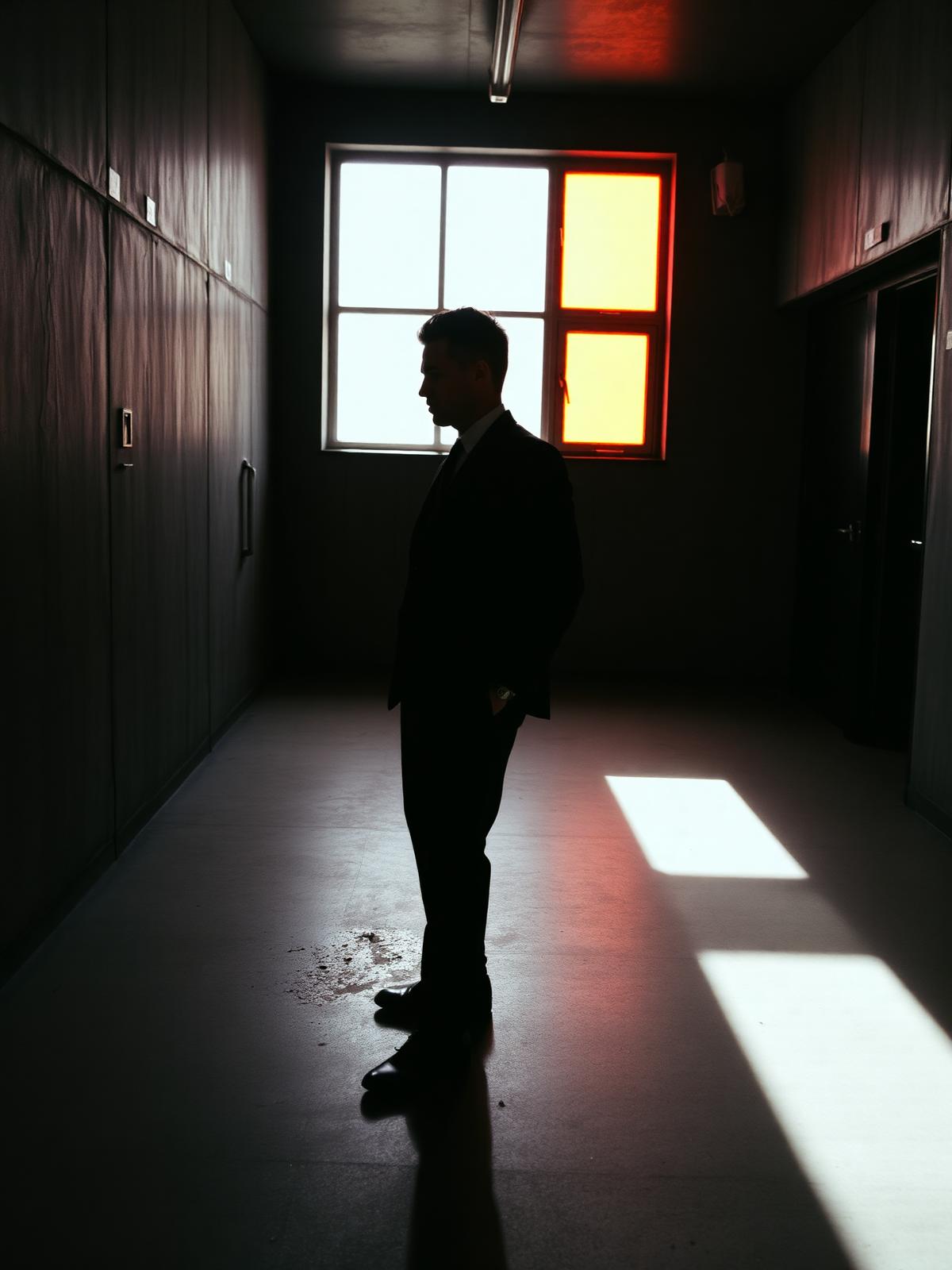 Silhouette of the founder in a brutalist Berlin office